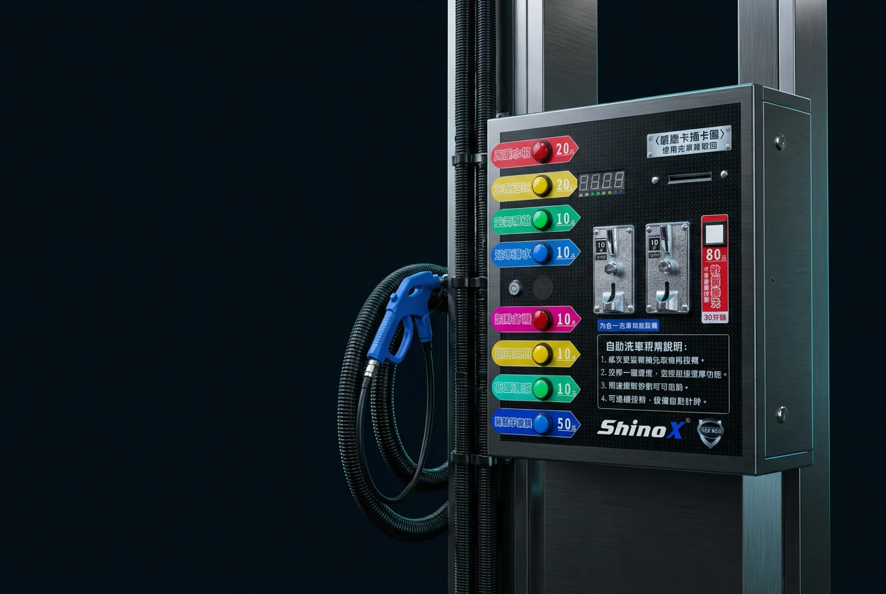 自助洗車控制設備的鈦銀機身與操作面板